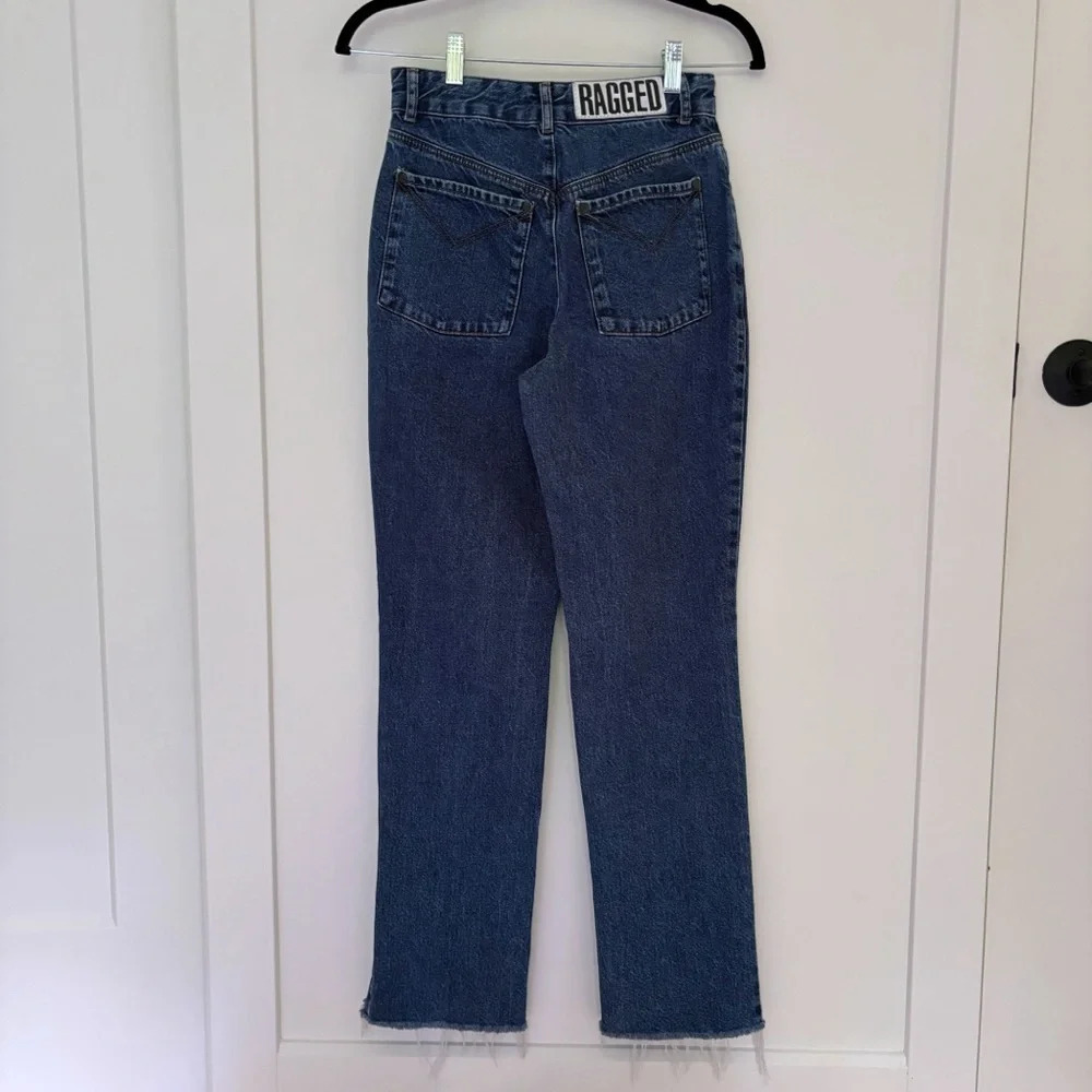 The Ragged Priest  Straight Leg Jeans Frayed Front Slit V Cut Ankle 28 Dark Blue - Picture 4 of 7